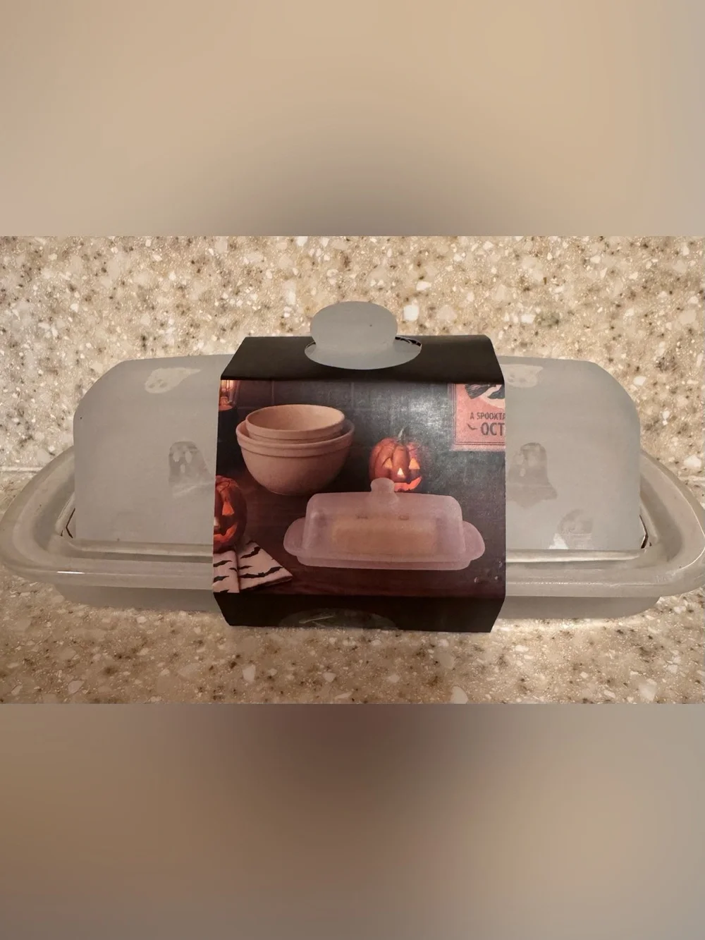 CWC Cook with Color Halloween Ghosts Frosted Glass Butter Dish
